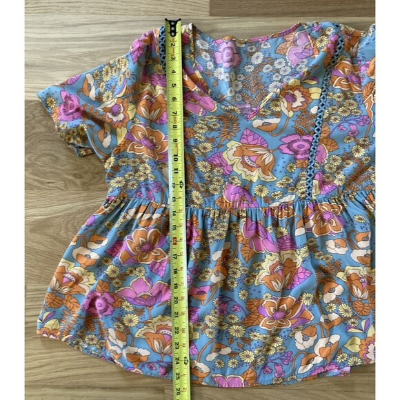 Babydoll Hippie Boho Top XL Blue Orange Retro Floral Short Sleeve Funky Grunge - Picture 13 of 13
